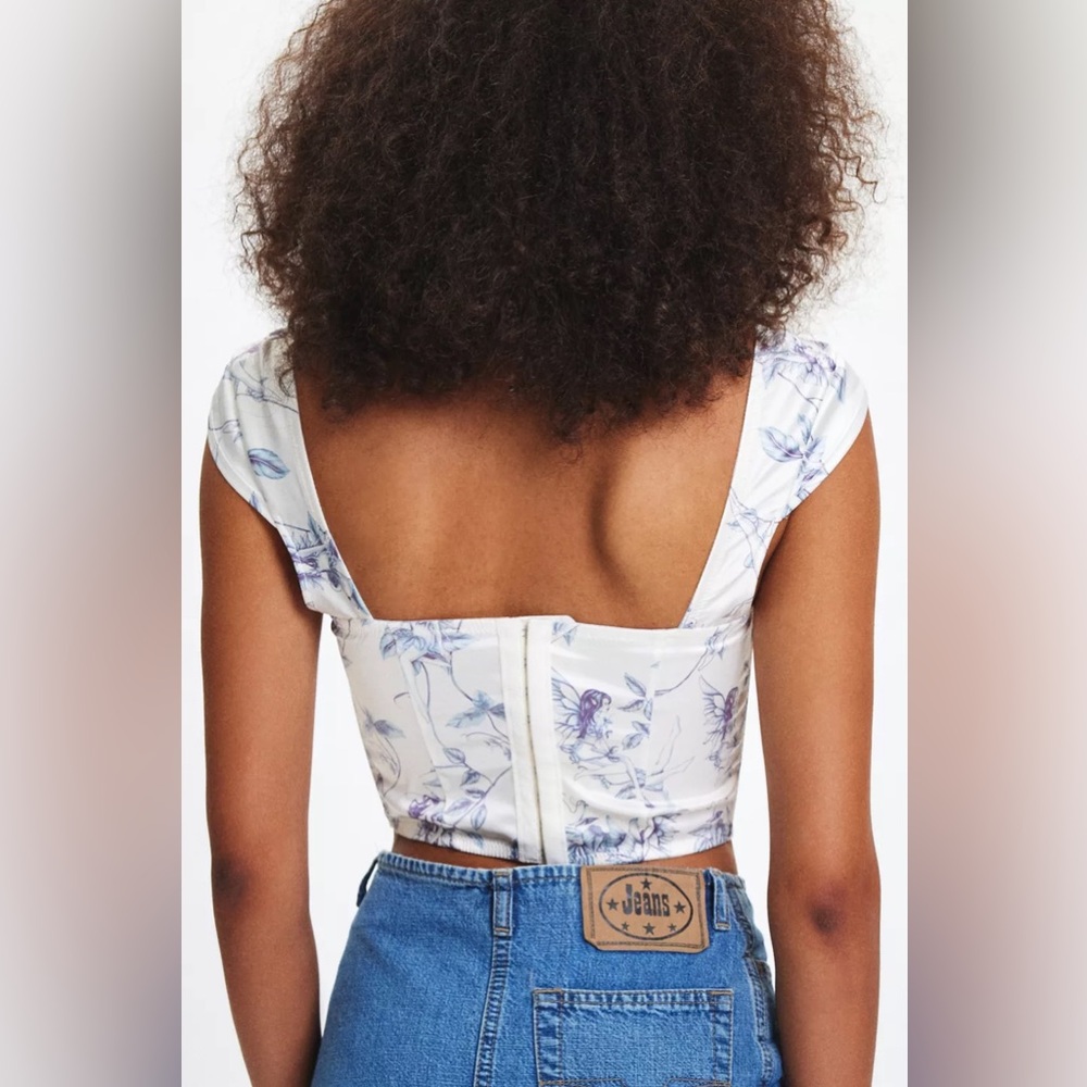 UO Out From Under About Time Printed Cropped Satin Corset Top, Ivory, Me… - Picture 4 of 4